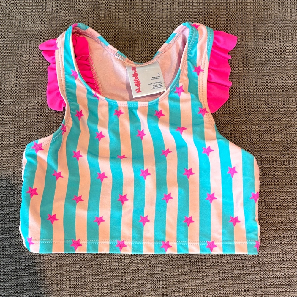 RuffleButts Aqua & Light Pink Striped Star Swim Crop with Hot Pink Stars